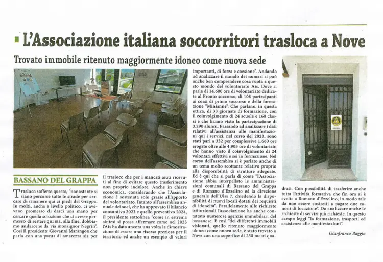 L'Associazione Italiana Soccorritori trasloca a Nove • Associazione Italiana Soccorritori L'Associazione Italiana Soccorritori trasloca a Nove • Associazione Italiana Soccorritori