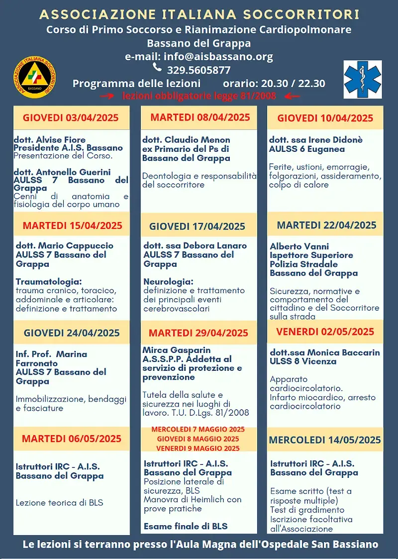 Corso di Primo Soccorso e Rianimazione Cardipolmonare aprile 2025 dettagli • News • Associazione Italiana Soccorritori Bassano del Grappa