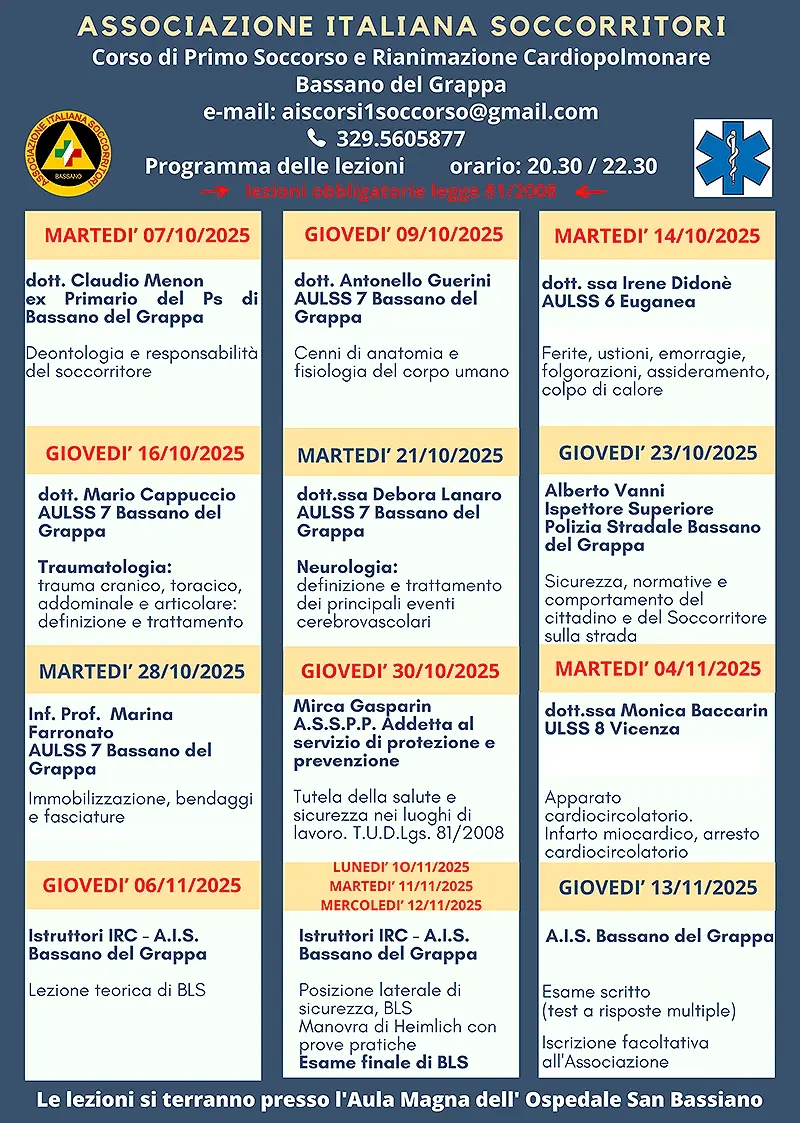Corso di Primo Soccorso e Rianimazione Cardipolmonare Ottobre 2025 dettagli • News • Associazione Italiana Soccorritori Bassano del Grappa